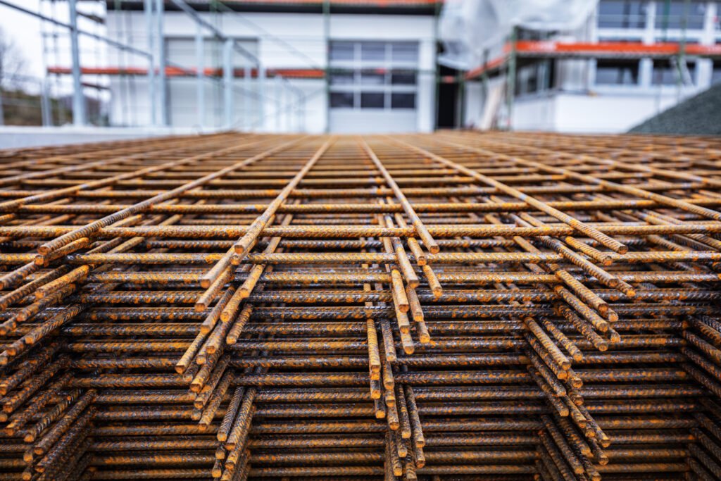 Steel rods and bars for reinforced concrete at new building construction site